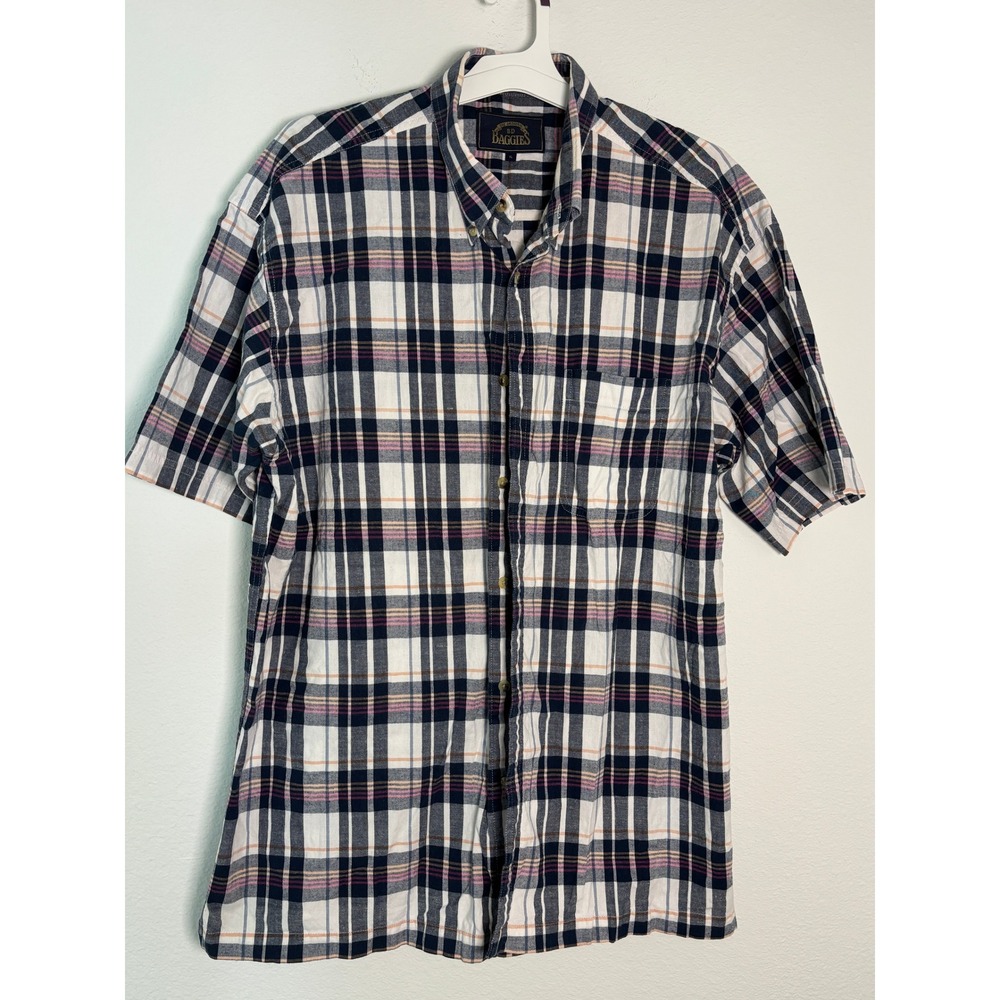 BD Baggies Mens XL Madras Plaid Button Down Shirt Short Sleeve Cotton Navy Pink
